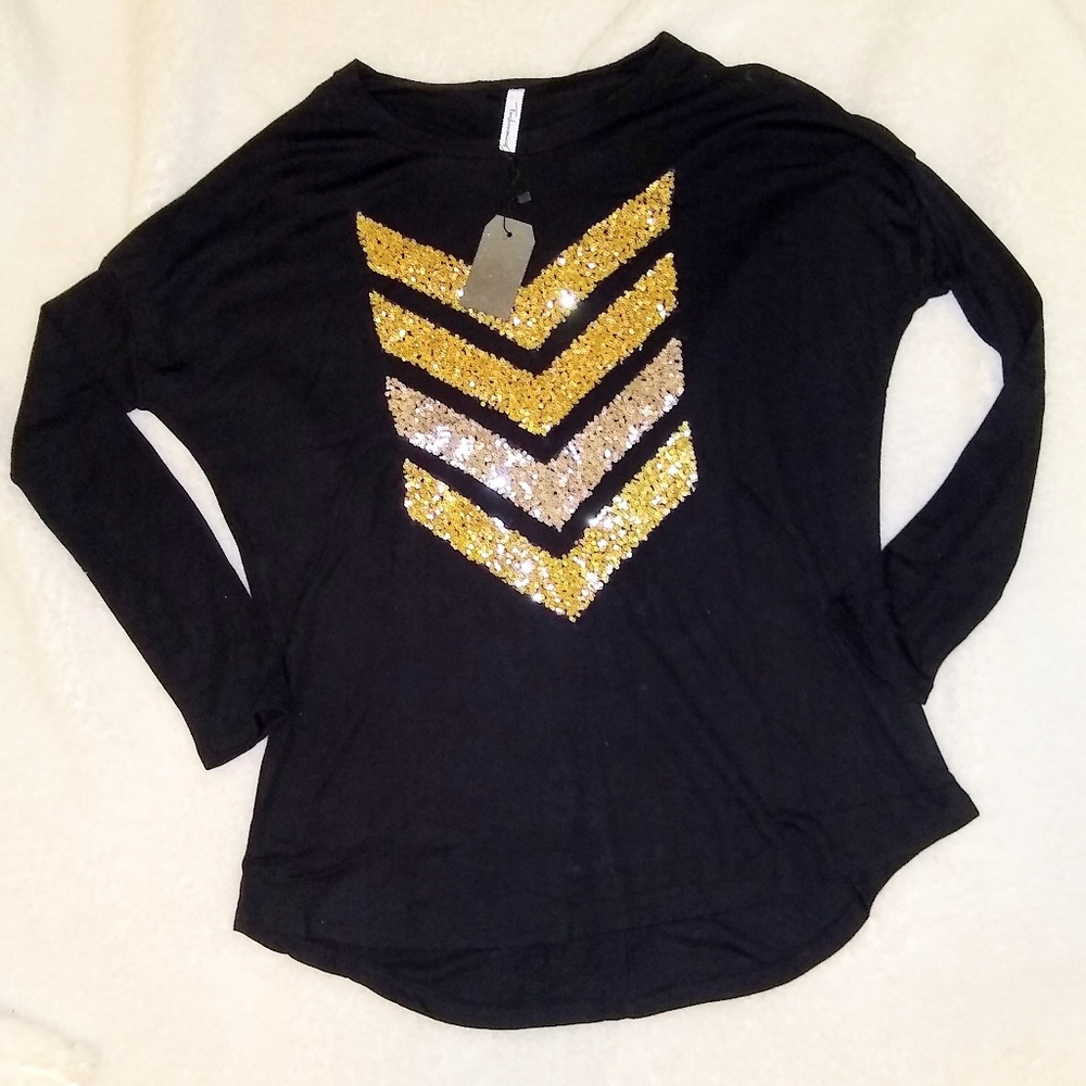 1 LEFT Boutique Black Sequin Chevron Tunic Top - Picture 7 of 7